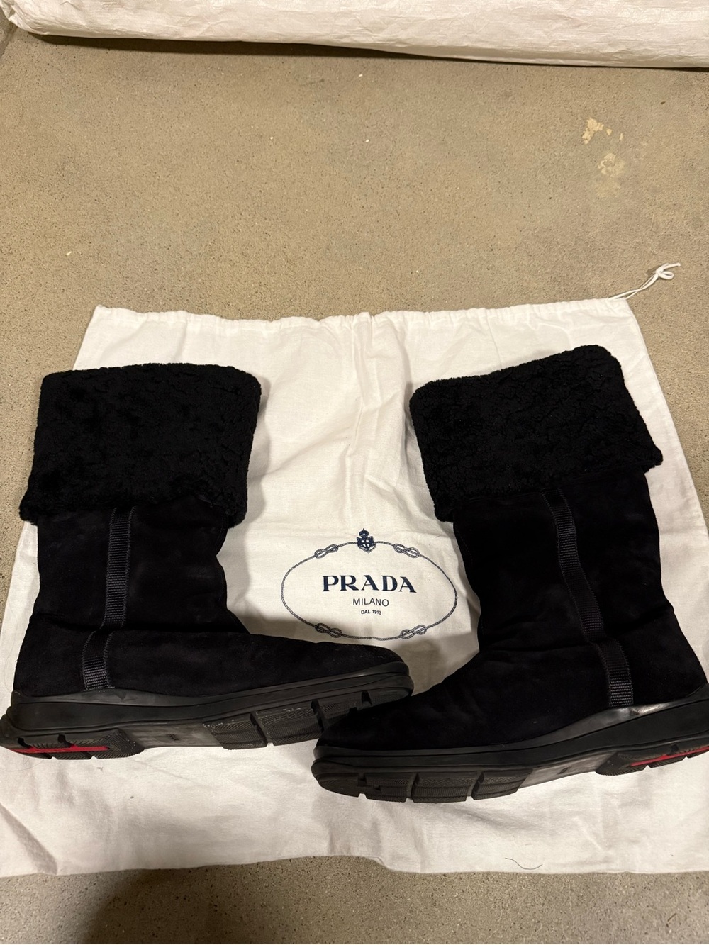 Prada Black Suede Mid-Calf Boots with Faux-Fur Cuff - Picture 8 of 8
